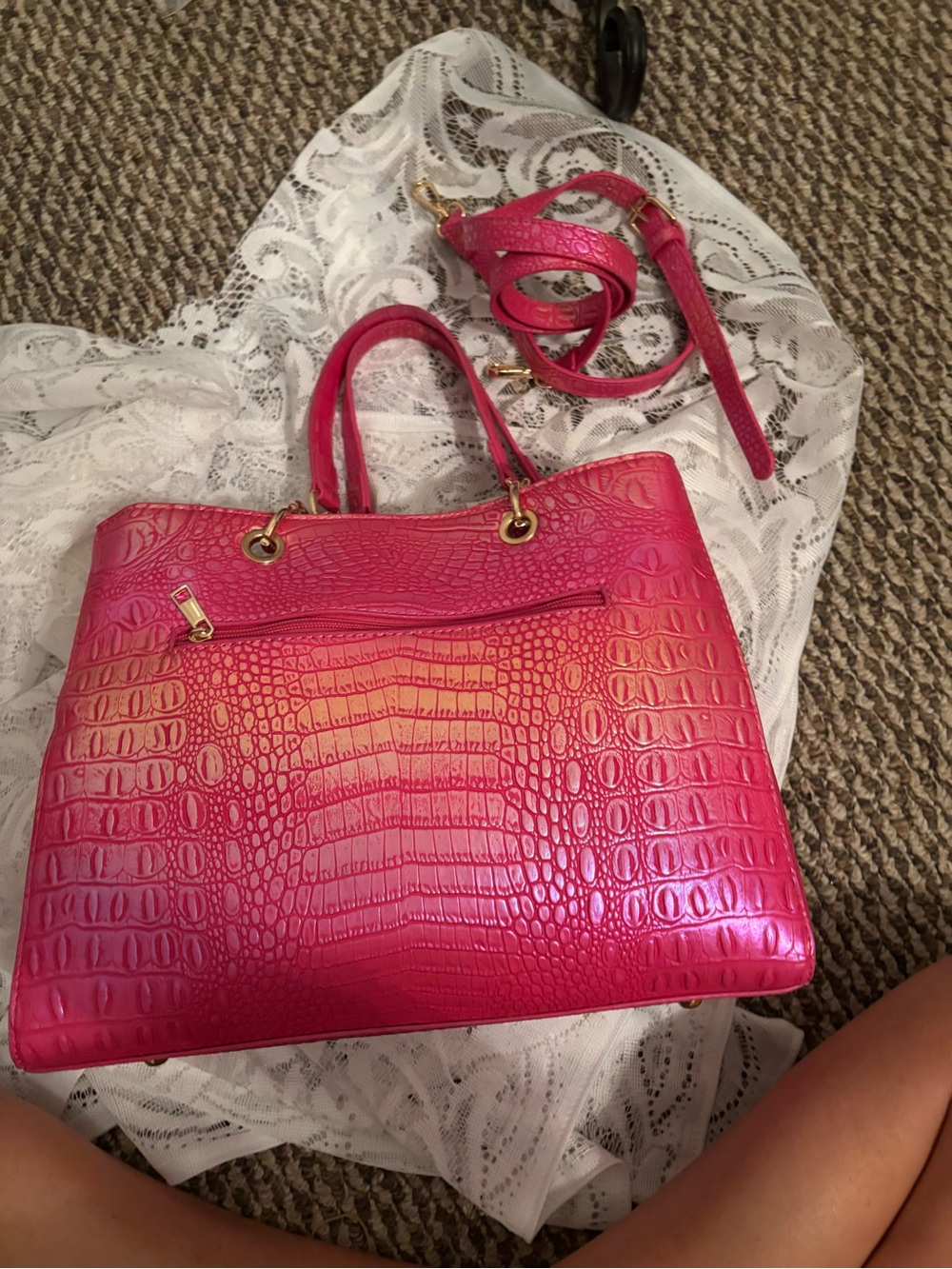 Fuchsia Croc-Embossed Tote Bag with Detachable Strap